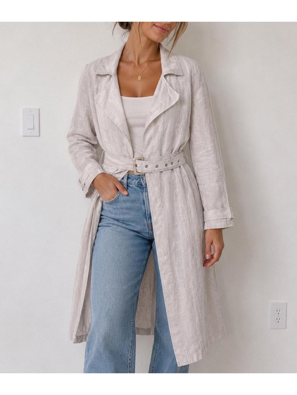 Tahari 100% Linen Longline Coat Jacket Medium Neutral Minimalist Coastal Luxury
